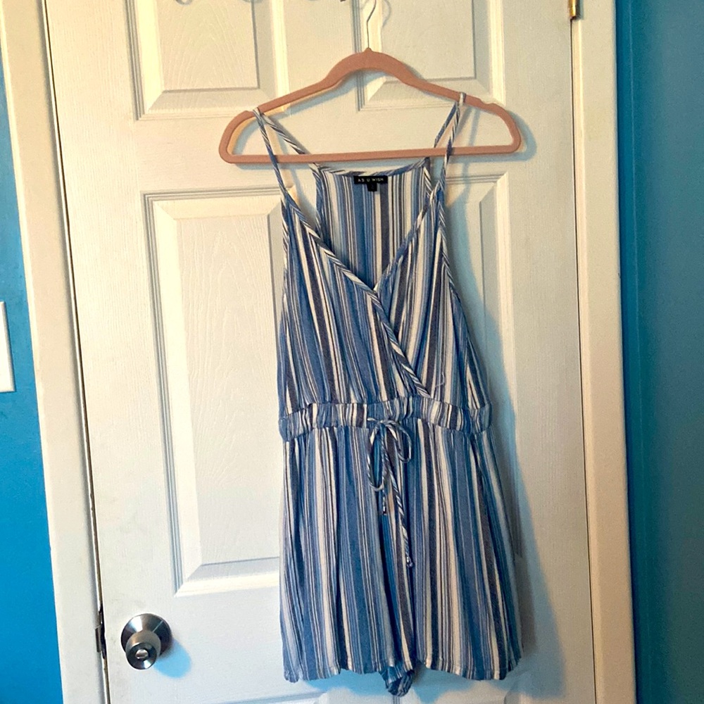 As U Wish Blue Striped Romper, L